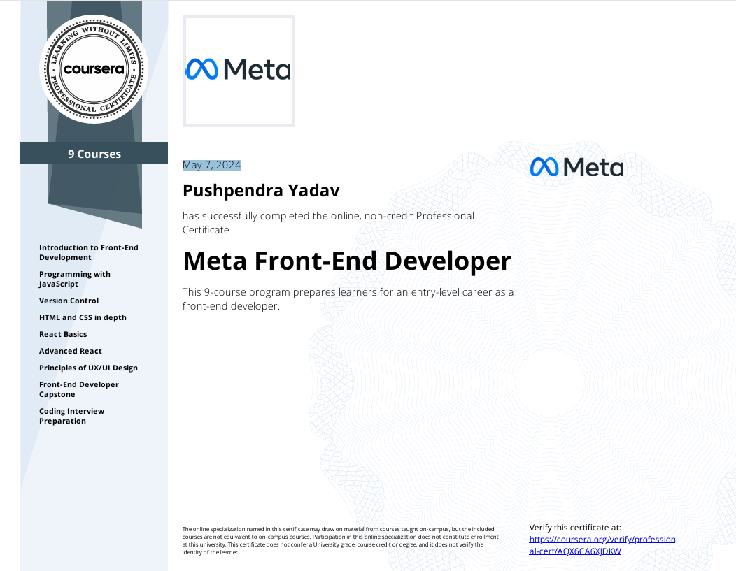 Meta Front-End Developer Certificate
